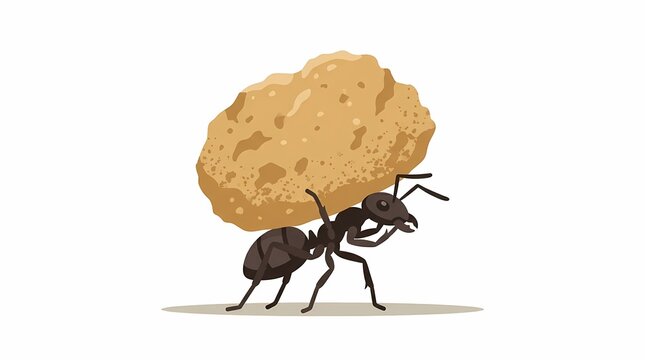 A small black ant carrying a large rock on its back.