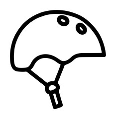 Fototapeta premium Protective bicycle sports helmet with dual ventilation air holes and secure chin buckle fastener strap, extreme biking gear safety graphic outline vector icon isolated on a white background