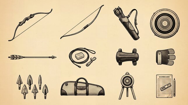 Vintage archery equipment set includes bow arrow and target in retro engraving style.
