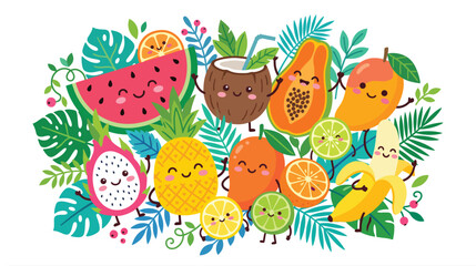 Fototapeta premium Vibrant Tropical Fruit Mosaic with Playful Sloth and Lush Greenery.