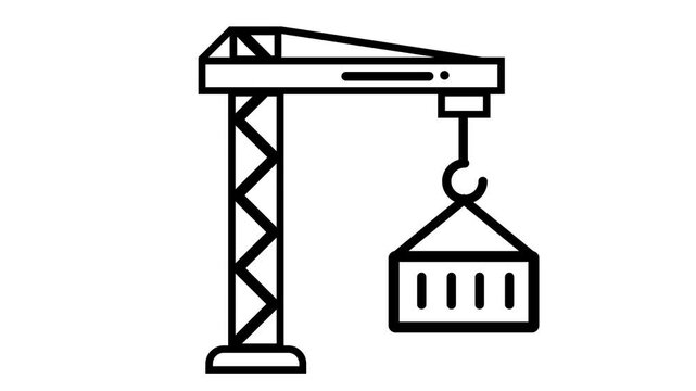 Black animated tower crane lifting a container on white background. Great for construction, building, and industrial themes.