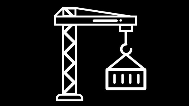 White animated tower crane lifting a container on black background. Great for construction, building, and industrial themes.