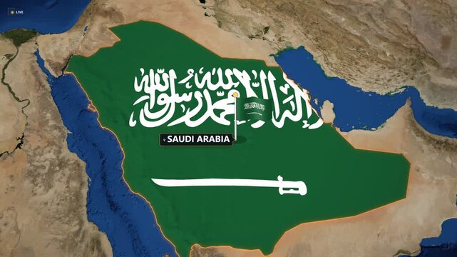 Animated 3D map of the middle east highlighting saudi arabia and united arab emirates with national flags