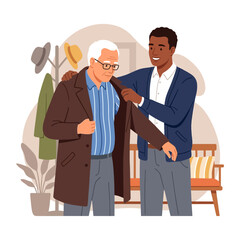 Fototapeta premium Young Man Helps Elderly Man Put On His Coat, Family Care, Generosity, Support, Senior Care