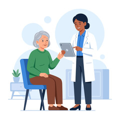 Obraz premium Doctor Consulting Elderly Patient with Tablet, Healthcare Concept