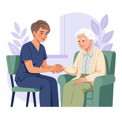 Obraz premium Caring nurse holds hand of elderly woman sitting in armchair, symbolizing compassion and home healthcare.