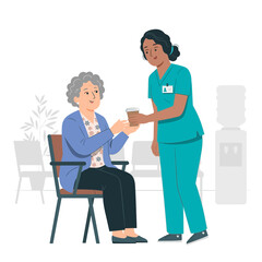 Fototapeta premium Caring Nurse Offers Drink to Elderly Patient in Waiting Room, Healthcare Concept