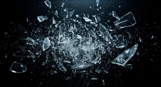High-speed capture of clear glass exploding into sharp, flying fragments, sparkling splinters, and debris frozen in mid-air against a black background