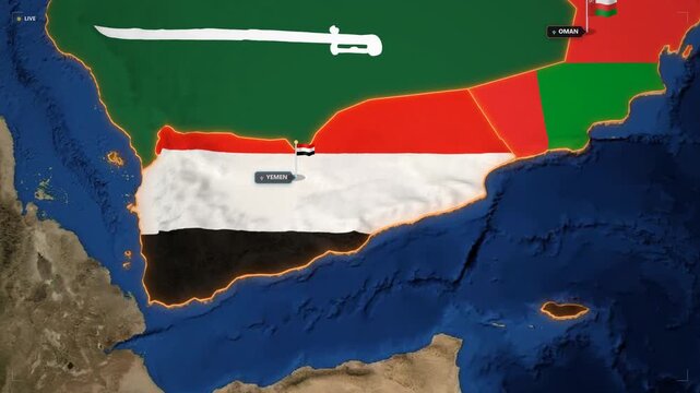 Animated middle east map with country flags and borders: geopolitical overview of saudi arabia, iraq, syria, uae, and levant region