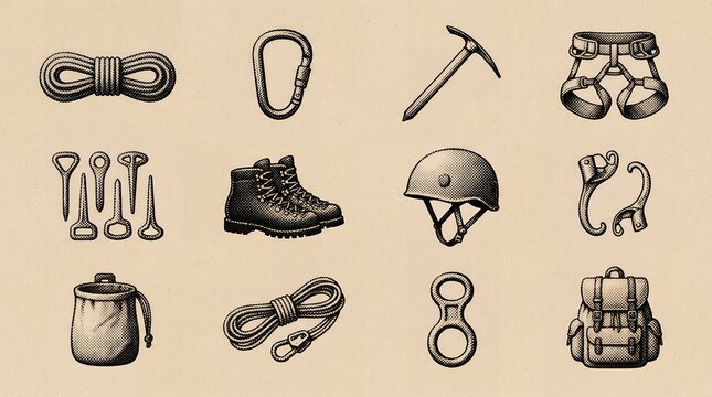 Climbing equipment illustrations on sepia background for alpine mountaineering and trekking.