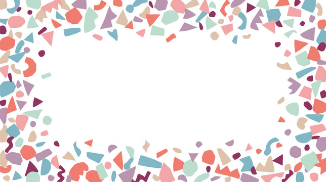 Colorful confetti frame with white center for festive celebration and party design, border filled with multicolor pieces.