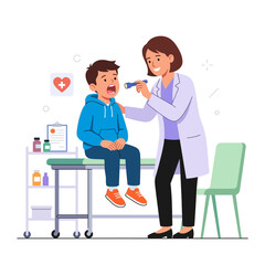 Obraz premium Pediatrician examining a young boy's throat with a flashlight in a modern clinic setting, vector illustration