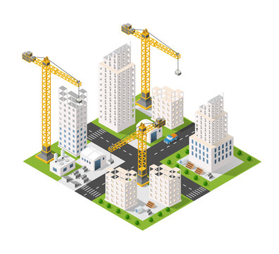 City construction isometric illustration developing urban infrastructure