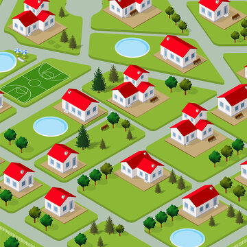 Suburban neighborhood planning with houses, pools, basketball court