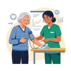 Obraz premium Nurse checking elderly patient's blood pressure, healthcare, vital signs monitoring, and senior care illustration.
