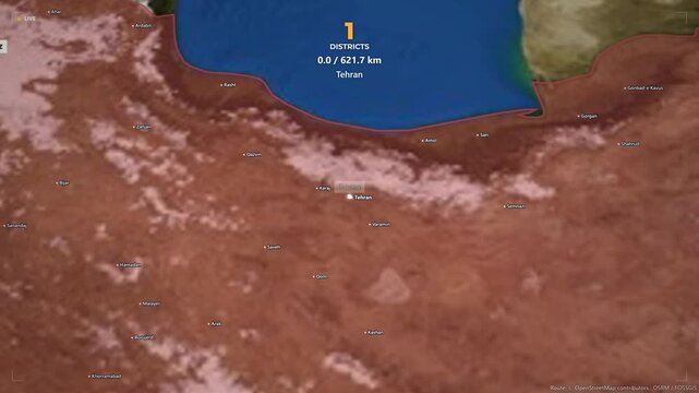 Interactive satellite map satellite navigation tracking route from tehran to tabriz across iran districts with distance counter animation