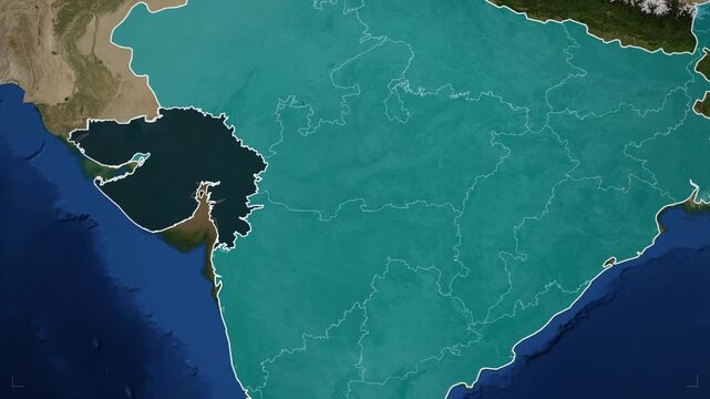 Satellite map zoom animation to gujarat state in india with regional borders and location pin marker