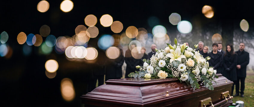 Funeral casket with white flowers and mourners standing at a cemetery burial service, featuring a polished wooden coffin with brass handles for memorial and grief concepts