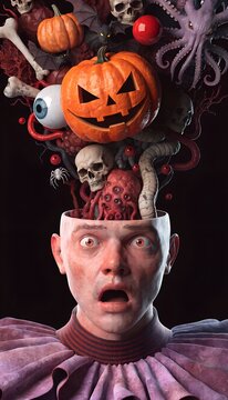 3D man in front view with Halloween thinking imagination things coming out from his head