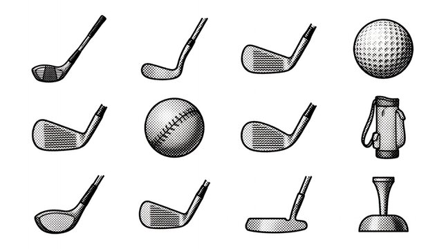 Golf equipment icons set featuring black and white vintage style halftone design elements.