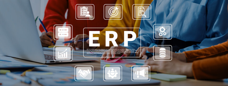 A dynamic office scene showcasing teamwork in a business setting with hands engaged in ERP software usage and relevant technology icons, highlighting collaboration and strategic planning. Ledger