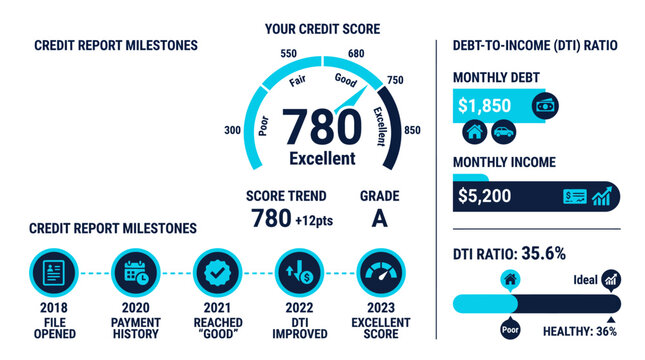 Financial Health Score Excellent 780 Credit Score with Improved Debt-to-Income Ratio