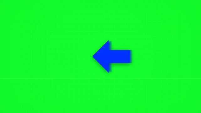 Bright blue arrow on chroma key green background pointing left representing return and navigation, suitable for video editing, user interface design, and digital content creation.