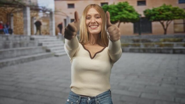 Woman giving thumbs up with bare hands and bright smile on stone steps in front of a building; joy confidence.