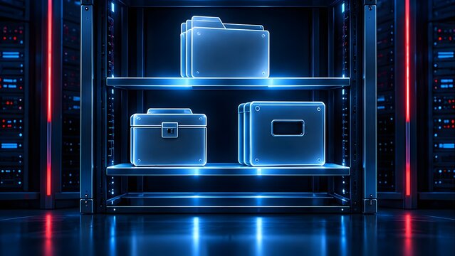 Glowing digital folders and file boxes sitting on a server rack shelf representing electronic data organization and cloud storage management.