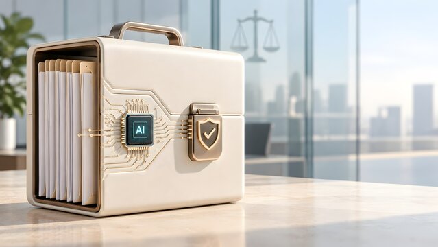 White leather briefcase containing legal documents with an AI microchip and security shield representing artificial intelligence in law and secure data.