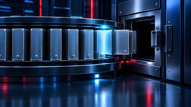 Automated robotic arm storing metallic data hard drives in a highly secure server room vault representing data backup and cloud storage.