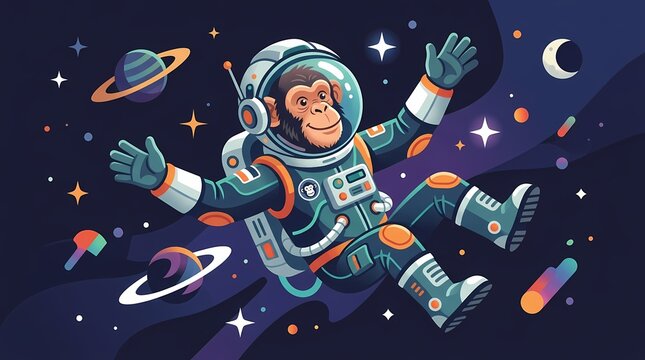 Cartoon chimpanzee astronaut floating in outer space.