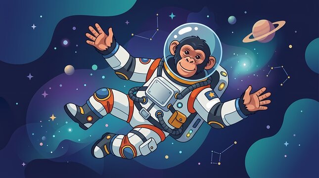 Cartoon chimpanzee astronaut floating in deep space.