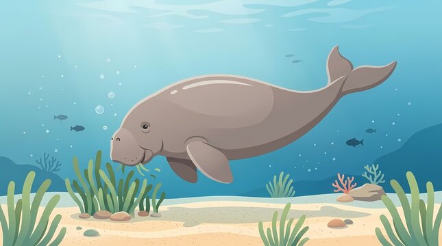 Cartoon Illustration of a Cute Dugong Swimming Underwater.