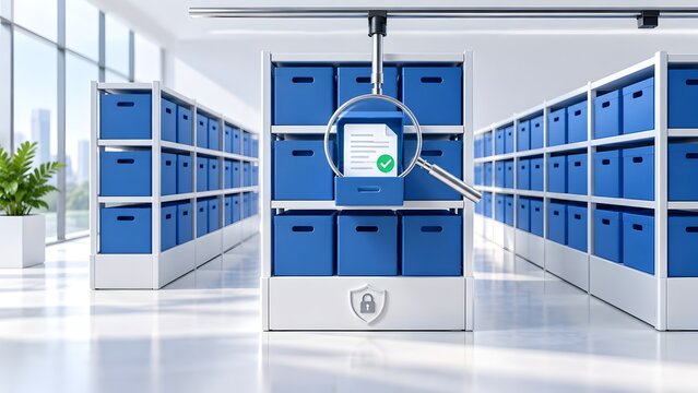 Automated secure document storage warehouse concept with smart search verification system scanning archive boxes