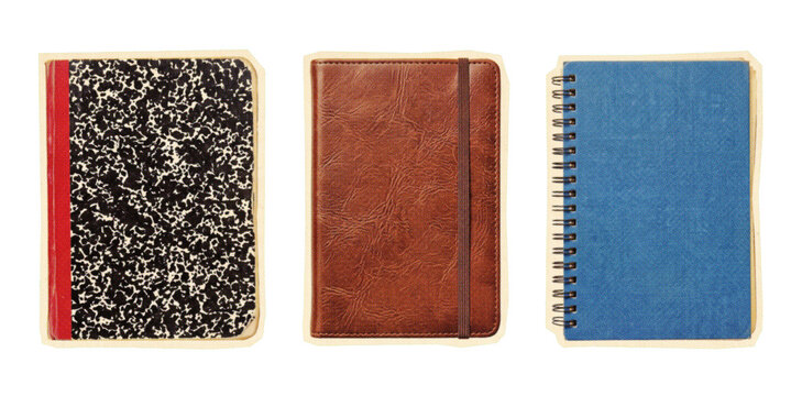 Three different types of notebooks including a marbled composition book, a leather journal, and a blue spiral notebook