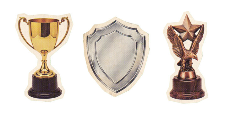 Vintage magazine style sticker collection featuring three distinct achievement awards including a golden trophy cup, a silver shield, and an eagle statue with a star