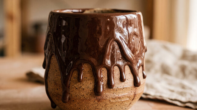 chocolate glaze flowing on ceramic vessel with rustic earthenware texture