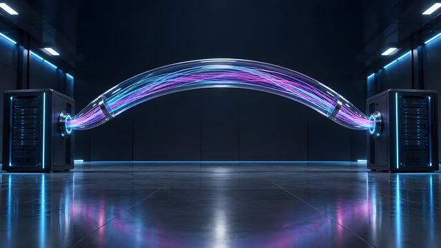 High speed fiber optic data transfer tube connecting two network servers with glowing neon light streams in a modern data center