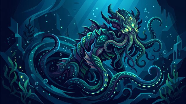 Cthulhu style eldritch monster lurking in deep ocean abyss.