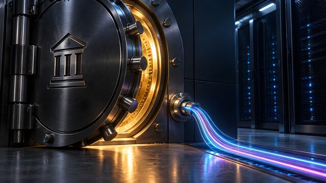 Glowing digital data stream entering a massive open bank vault door in a high-tech server room representing secure financial storage and cryptocurrency protection.