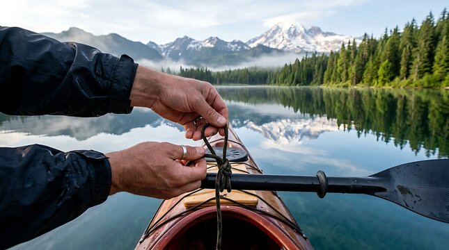 Close Up Kayak Paddler Tie Knot on Calm Mountain Lake