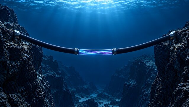 Futuristic submarine fiber optic cable bridging a deep underwater ocean trench representing global internet connectivity and high-speed data transmission networks.