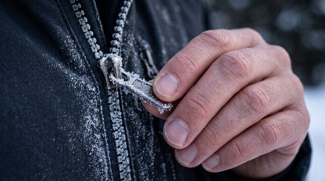 Person unzipping heavy winter jacket to reveal insulated fabric lining in outdoor setting