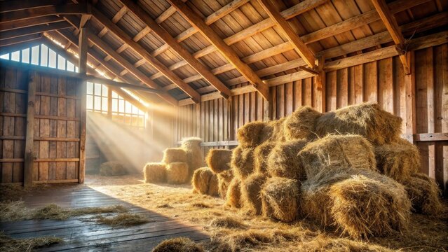 A stack of dry hay in a rustic wooden barn interior with natural light filtering through the windows and dusty air surrounding it, rural landscape , farm interior