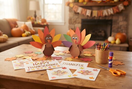 Thanksgiving craft activity with colorful paper turkeys, greeting cards, crayons and autumn leaves on rustic wooden table