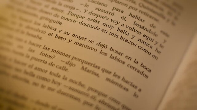 Macro shot of an open Spanish book page illuminated by dramatic low-key lighting.
