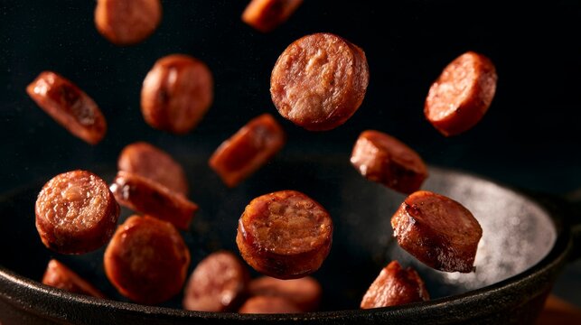 Slices of smoked sausage flying out of a cast iron pan