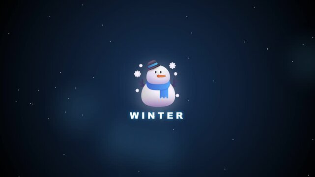 Cute snowman icon displaying winter text on dark snowy background