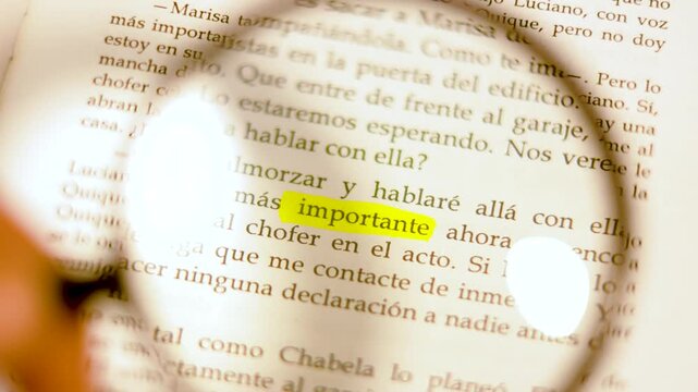 Cinematic close-up through a magnifying glass revealing the highlighted word 'importante' on a vintage book page.